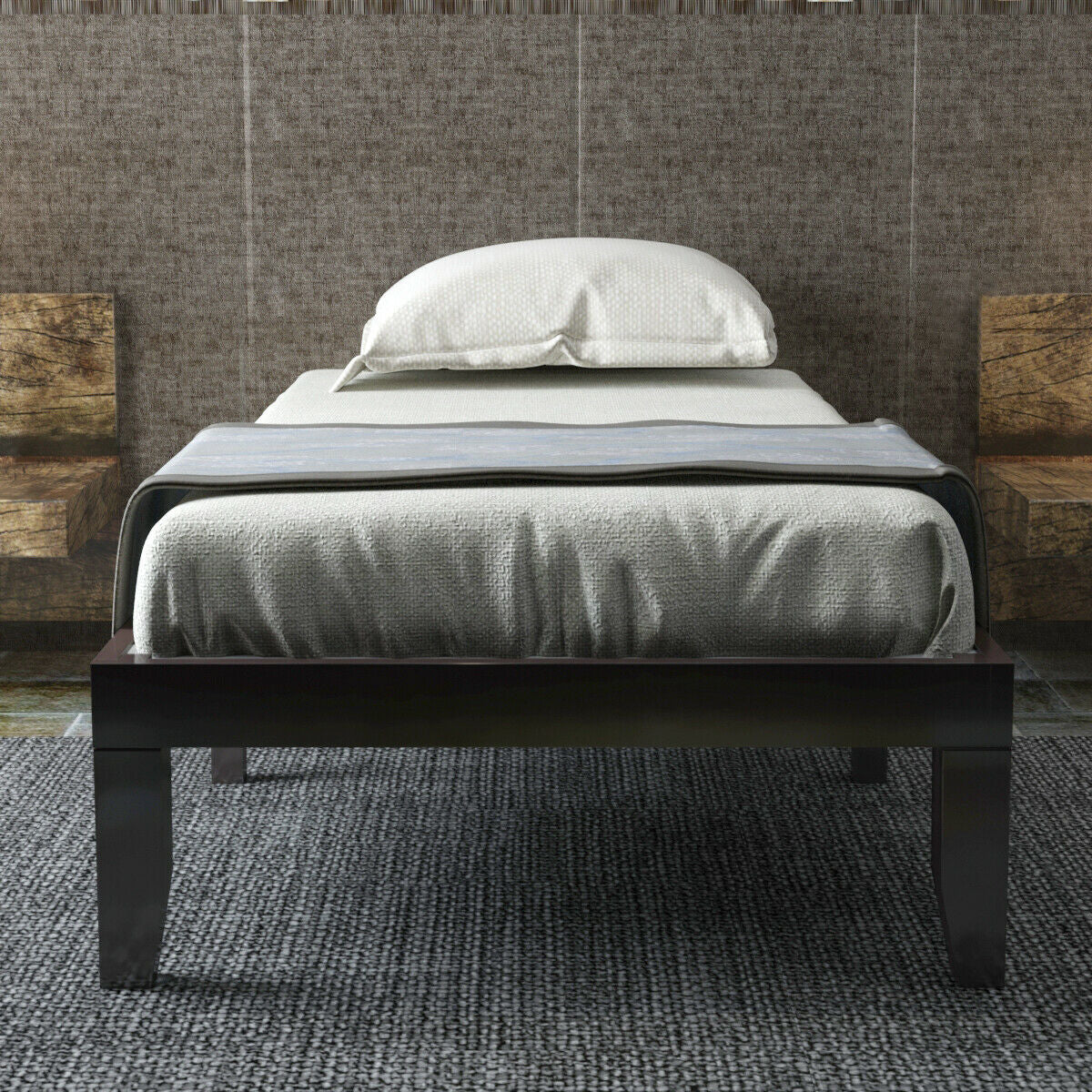 14 Inch Twin Size Solid Rubberwood Platform Bed Frame with Durable Wood Slat Support – Brown