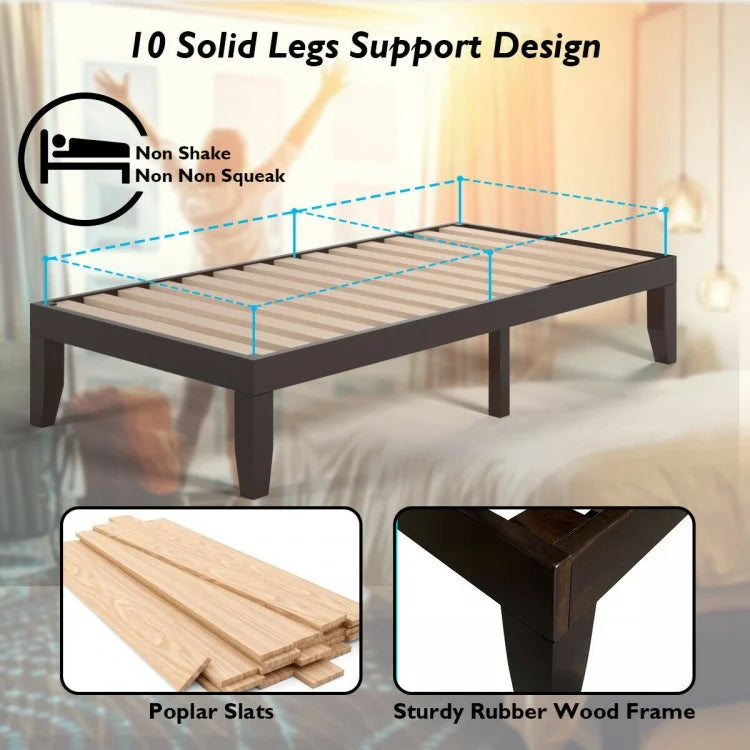 14 Inch Twin Size Solid Rubberwood Platform Bed Frame with Durable Wood Slat Support – Brown