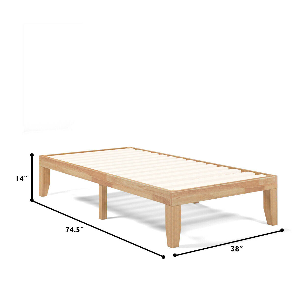 14 Inch Twin Size Solid Rubberwood Platform Bed Frame with Durable Wood Slat Support – Natural