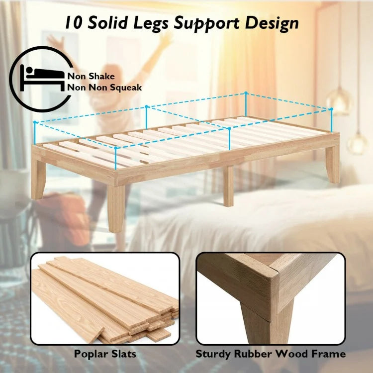 14 Inch Twin Size Solid Rubberwood Platform Bed Frame with Durable Wood Slat Support – Natural
