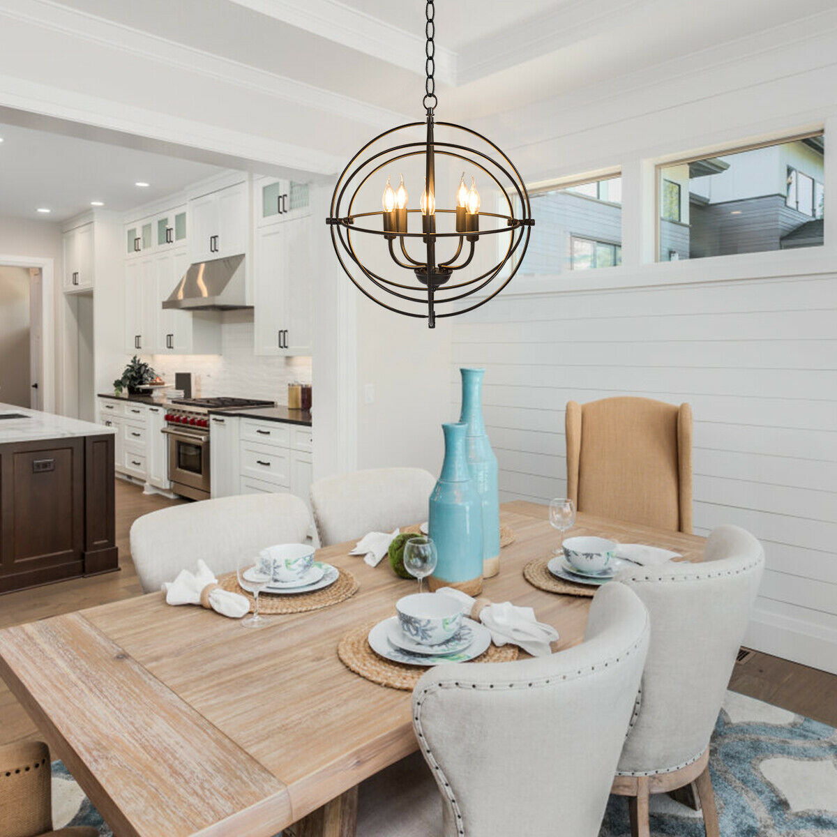 Sleek 20 Inch 5 Light Chandelier Featuring Pivoting Metal Rings
