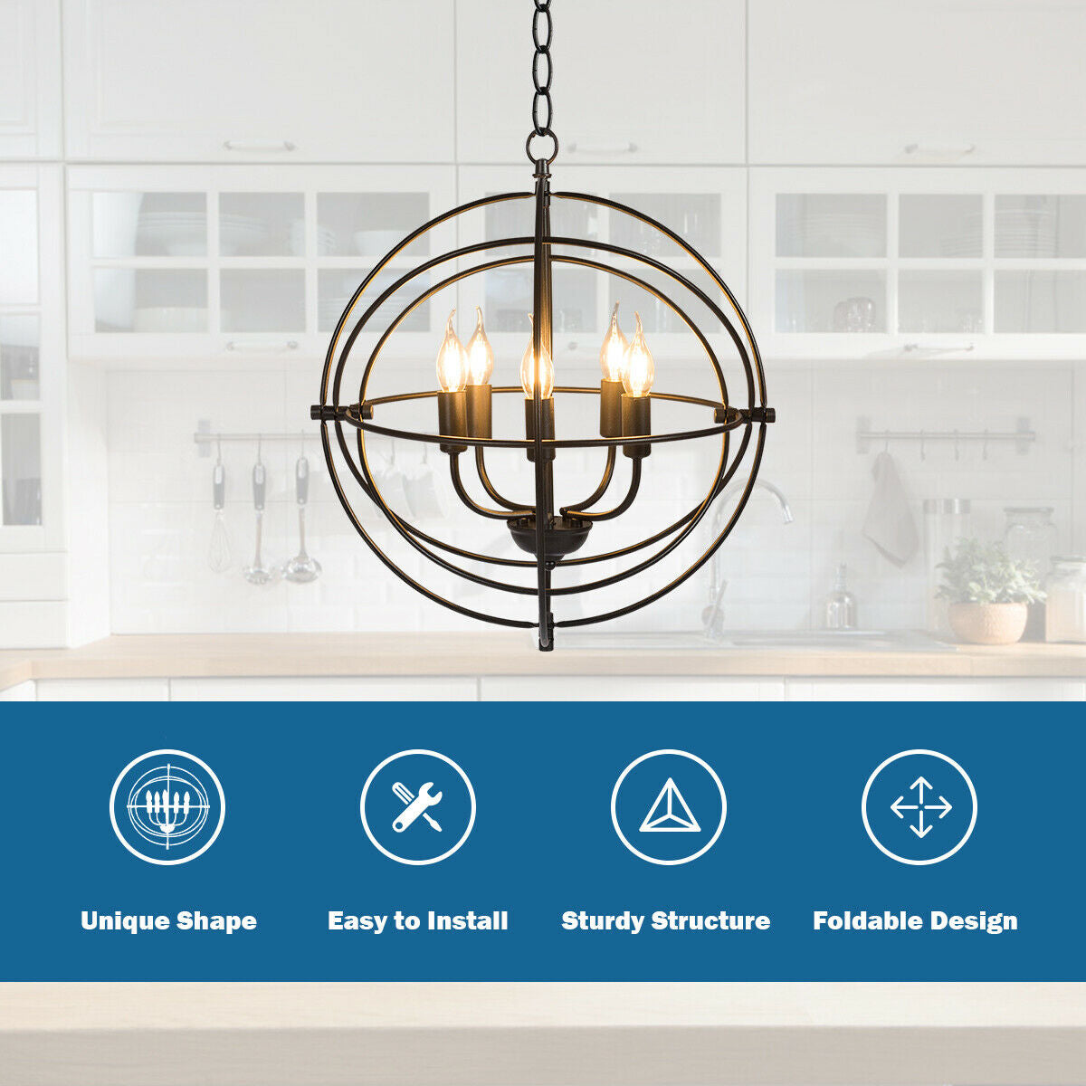 Sleek 20 Inch 5 Light Chandelier Featuring Pivoting Metal Rings