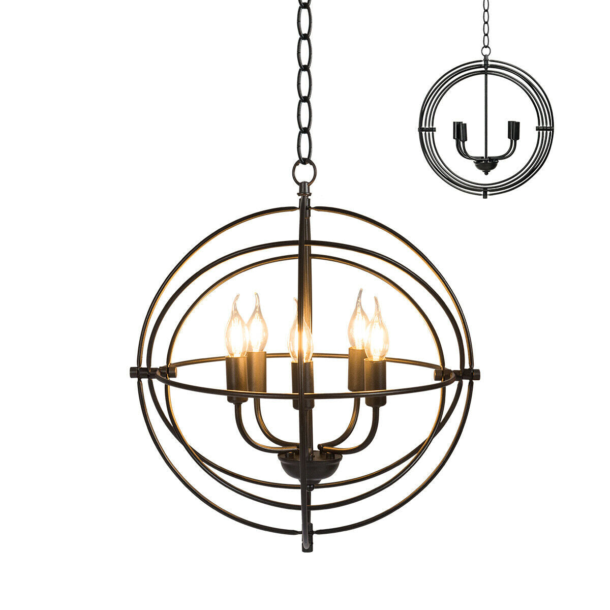 Sleek 20 Inch 5 Light Chandelier Featuring Pivoting Metal Rings