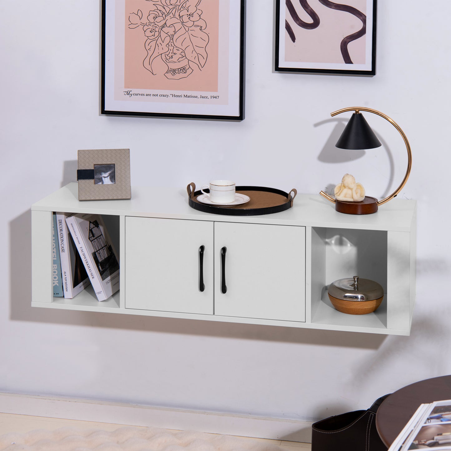 Modern Wall Mounted Storage Hutch with Dual Doors and Open Compartments - White