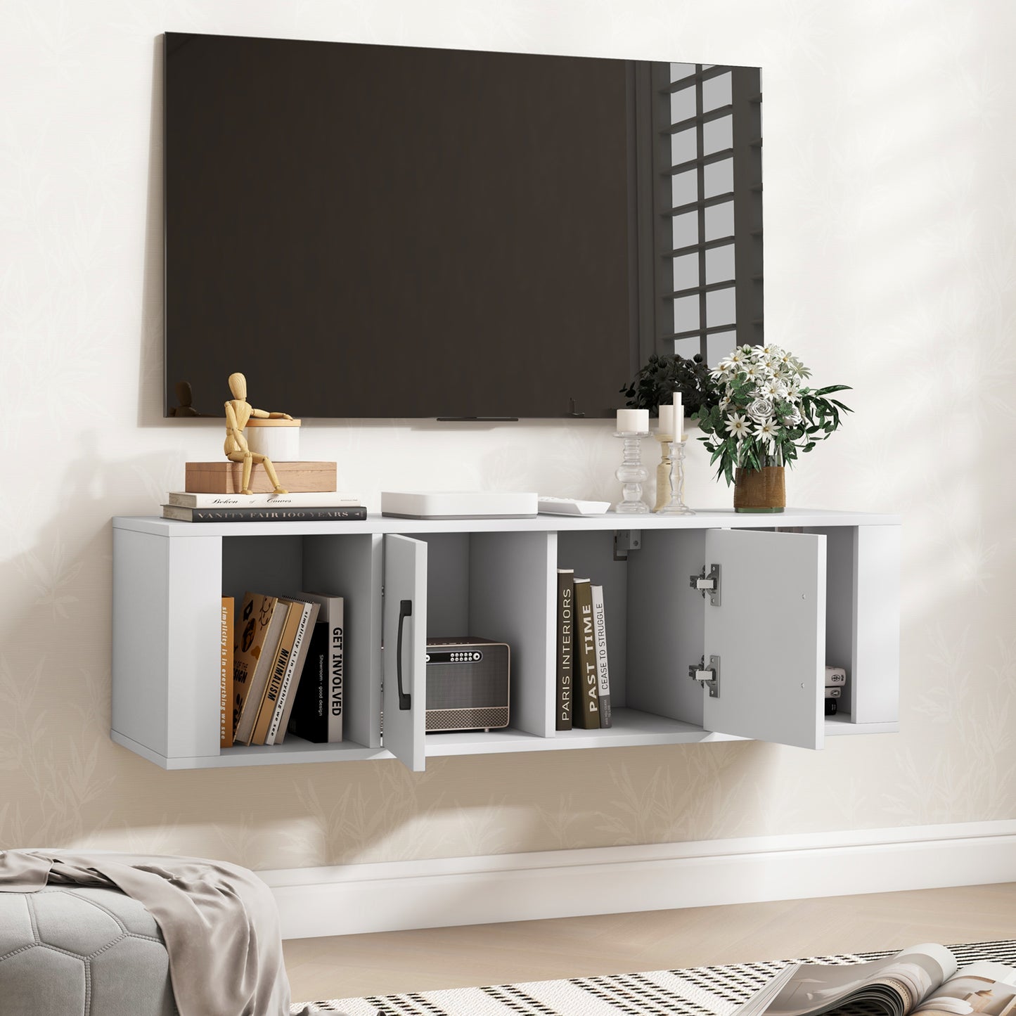Modern Wall Mounted Storage Hutch with Dual Doors and Open Compartments - White