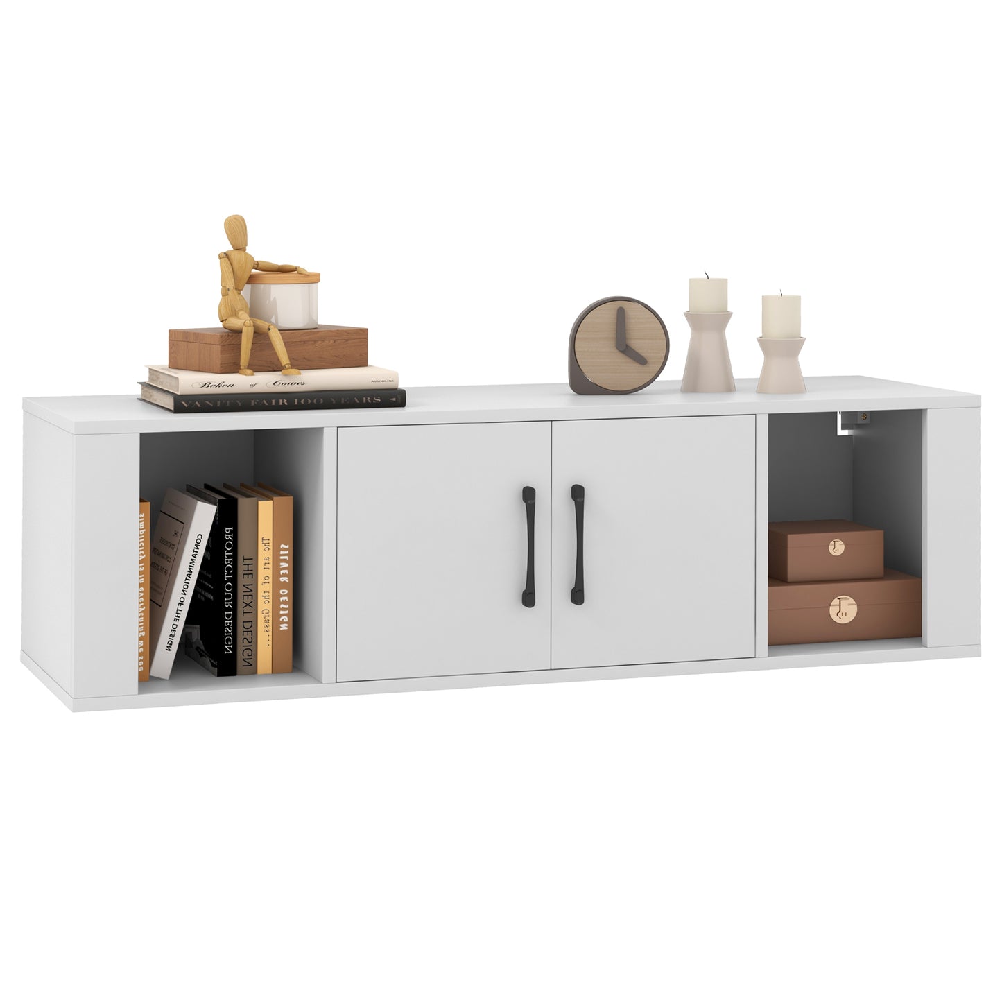 Modern Wall Mounted Storage Hutch with Dual Doors and Open Compartments - White