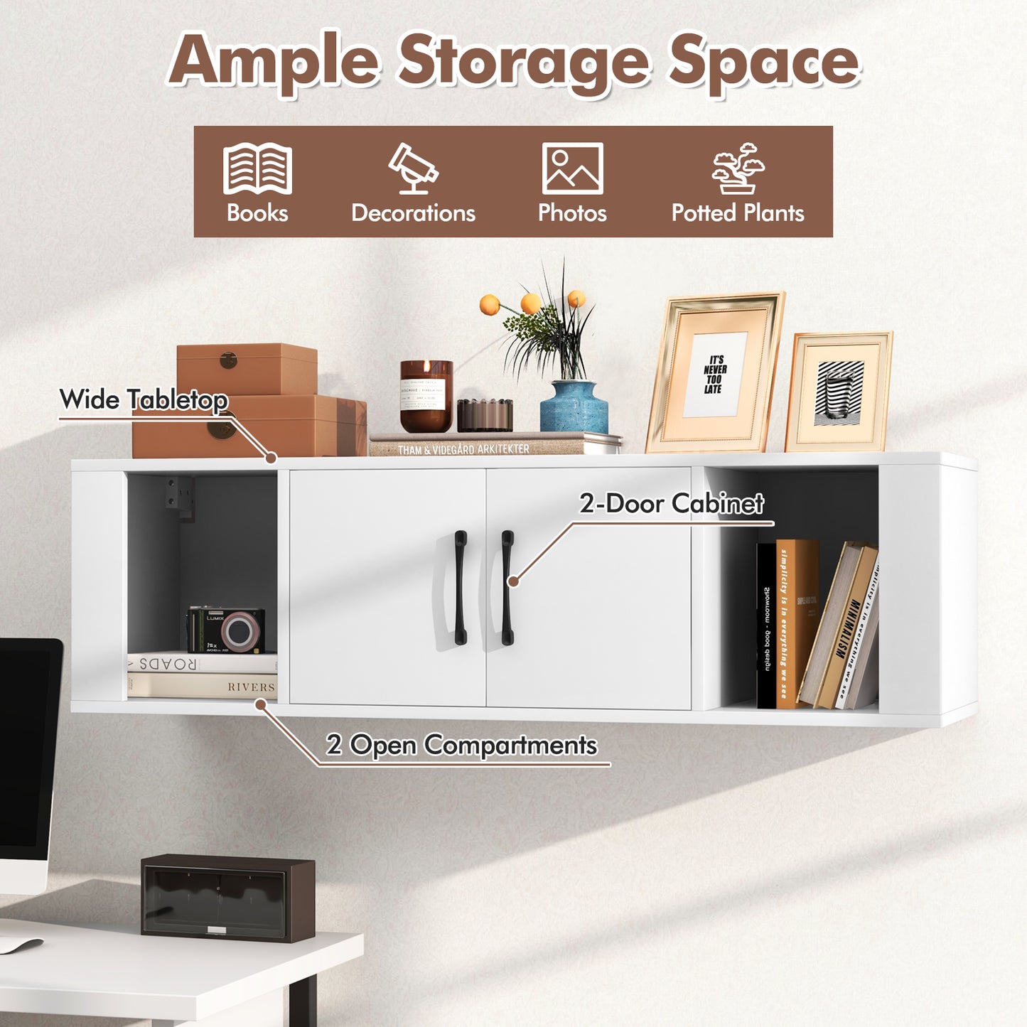 Modern Wall Mounted Storage Hutch with Dual Doors and Open Compartments - White
