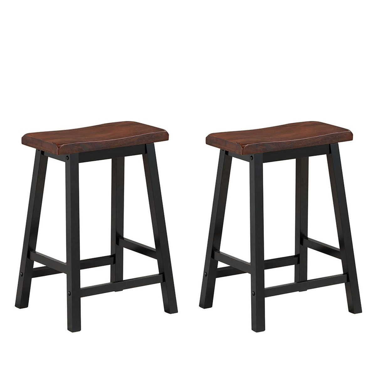 Set of 2 24 Inch Wooden Saddle Seat Bar Stools for Kitchen and Dining Room, Brown