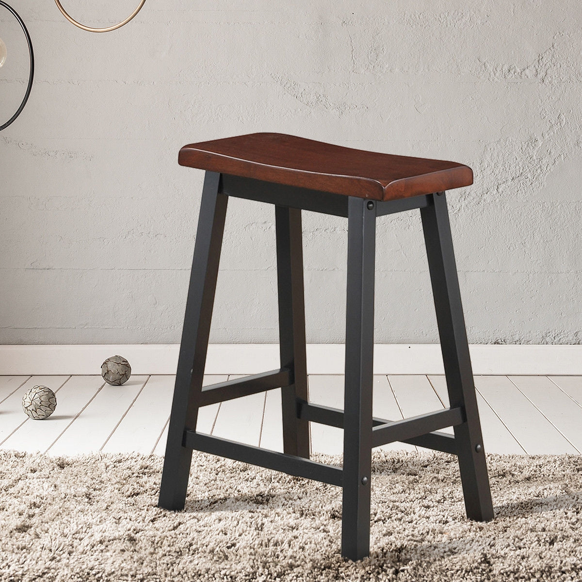 Set of 2 24 Inch Wooden Saddle Seat Bar Stools for Kitchen and Dining Room, Brown