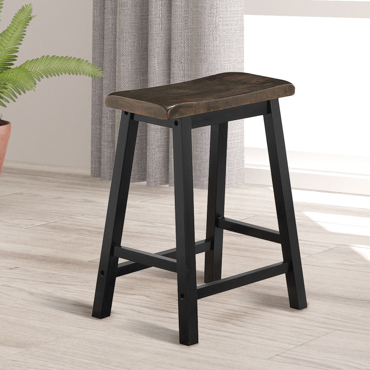 Set of 2 24 Inch Wooden Saddle Seat Bar Stools for Kitchen and Dining Room, Grey
