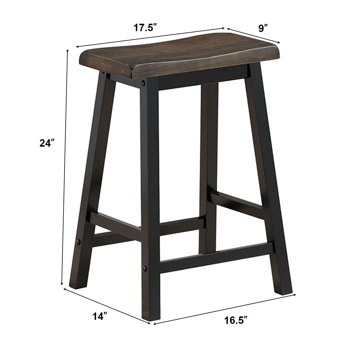 Set of 2 24 Inch Wooden Saddle Seat Bar Stools for Kitchen and Dining Room, Grey