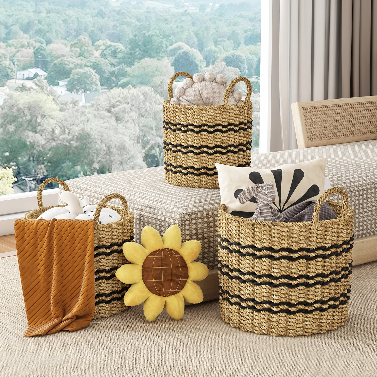 Set of 3 Stackable Storage Baskets, Natural Seaweed & Jute Bins with Handles
