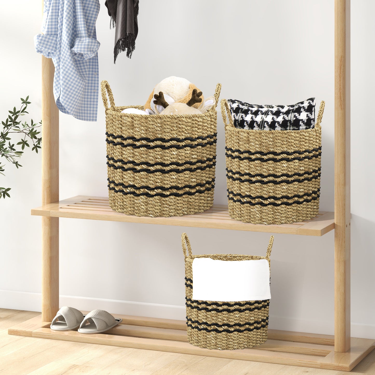 Set of 3 Stackable Storage Baskets, Natural Seaweed & Jute Bins with Handles
