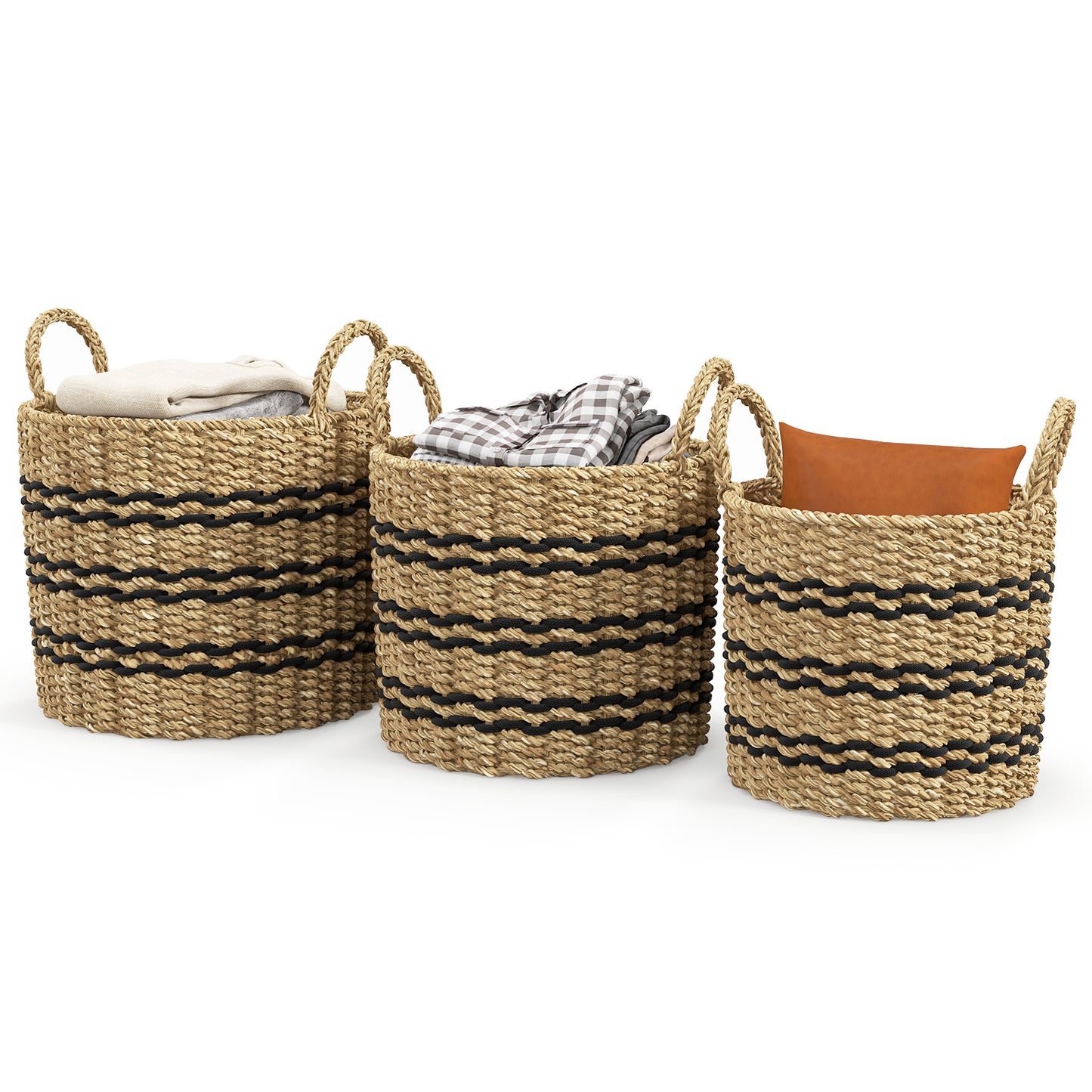 Set of 3 Stackable Storage Baskets, Natural Seaweed & Jute Bins with Handles