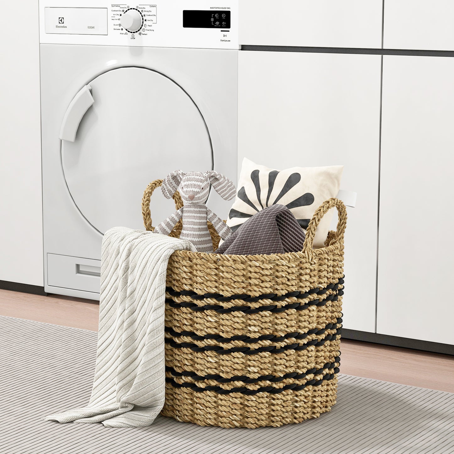 Set of 3 Stackable Storage Baskets, Natural Seaweed & Jute Bins with Handles