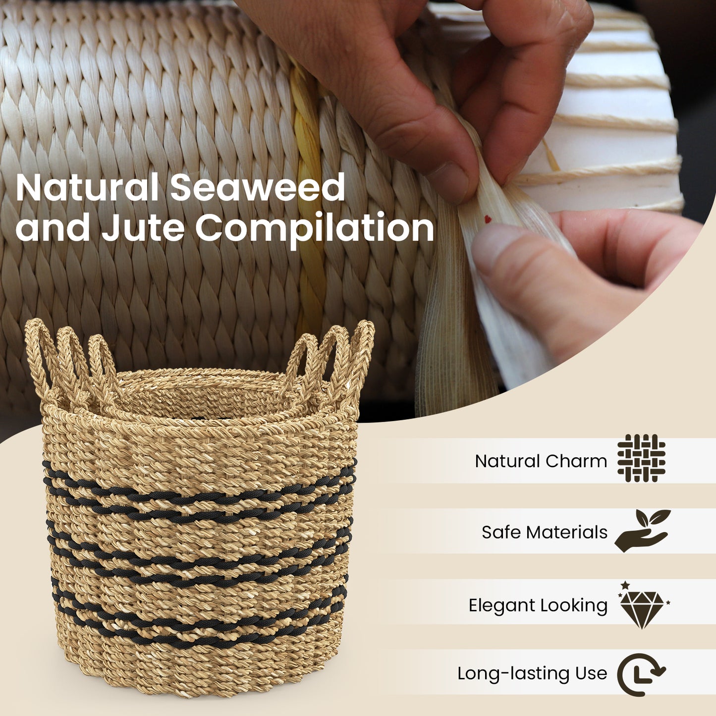 Set of 3 Stackable Storage Baskets, Natural Seaweed & Jute Bins with Handles
