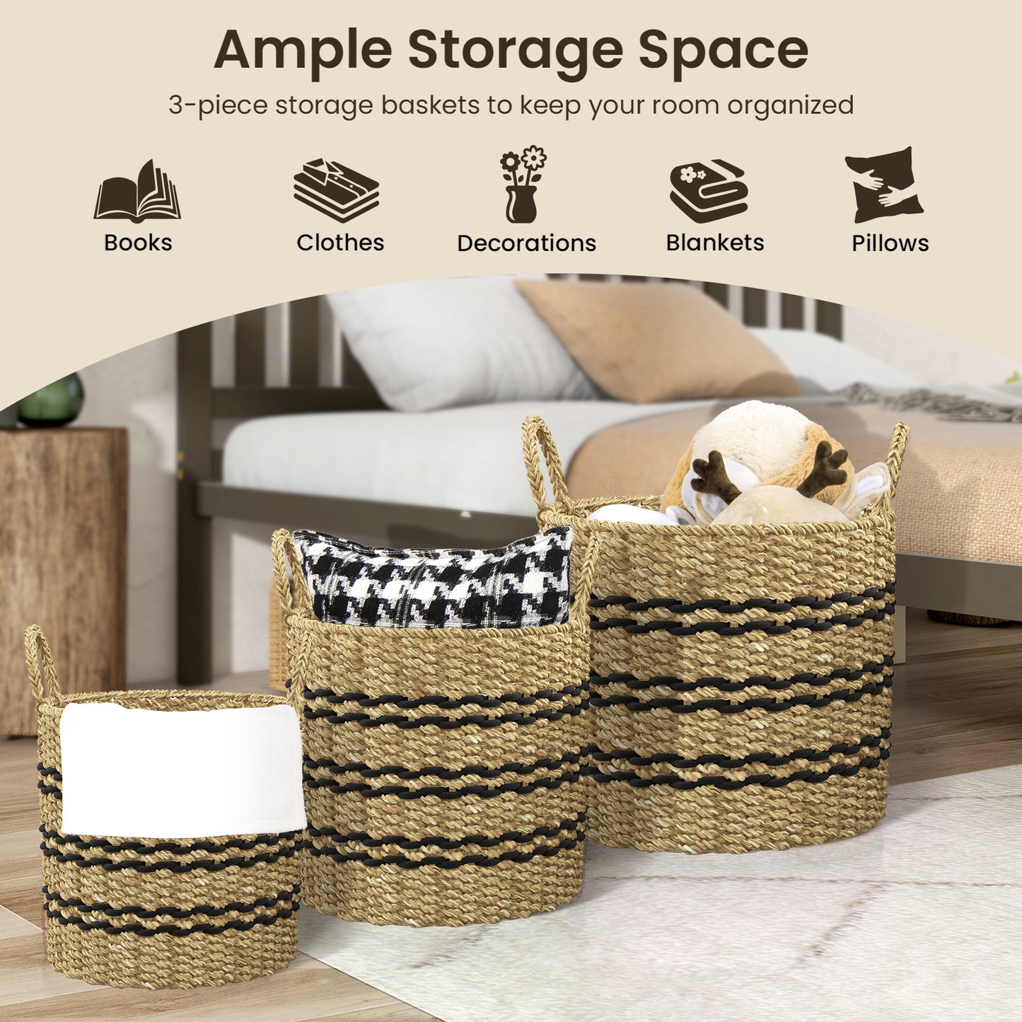 Set of 3 Stackable Storage Baskets, Natural Seaweed & Jute Bins with Handles