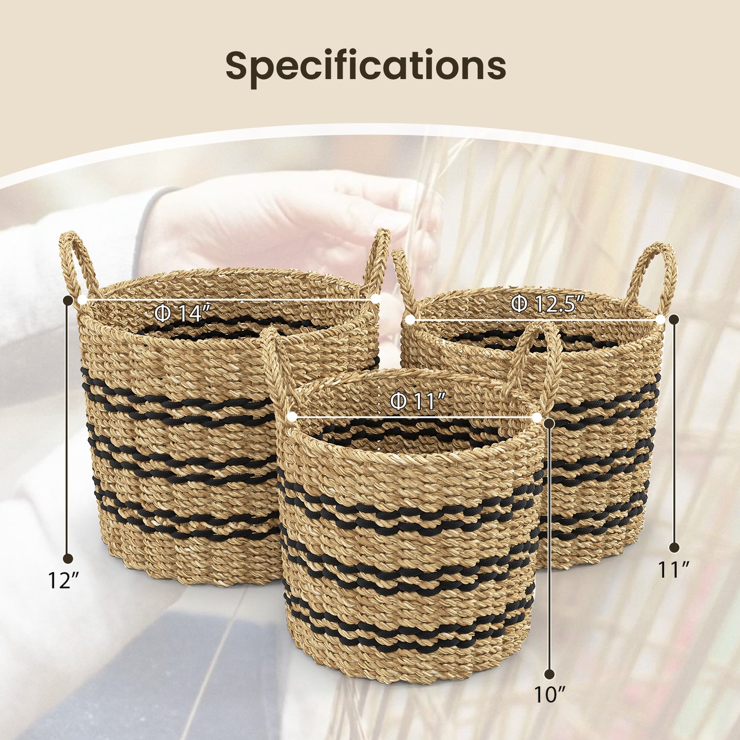 Set of 3 Stackable Storage Baskets, Natural Seaweed & Jute Bins with Handles