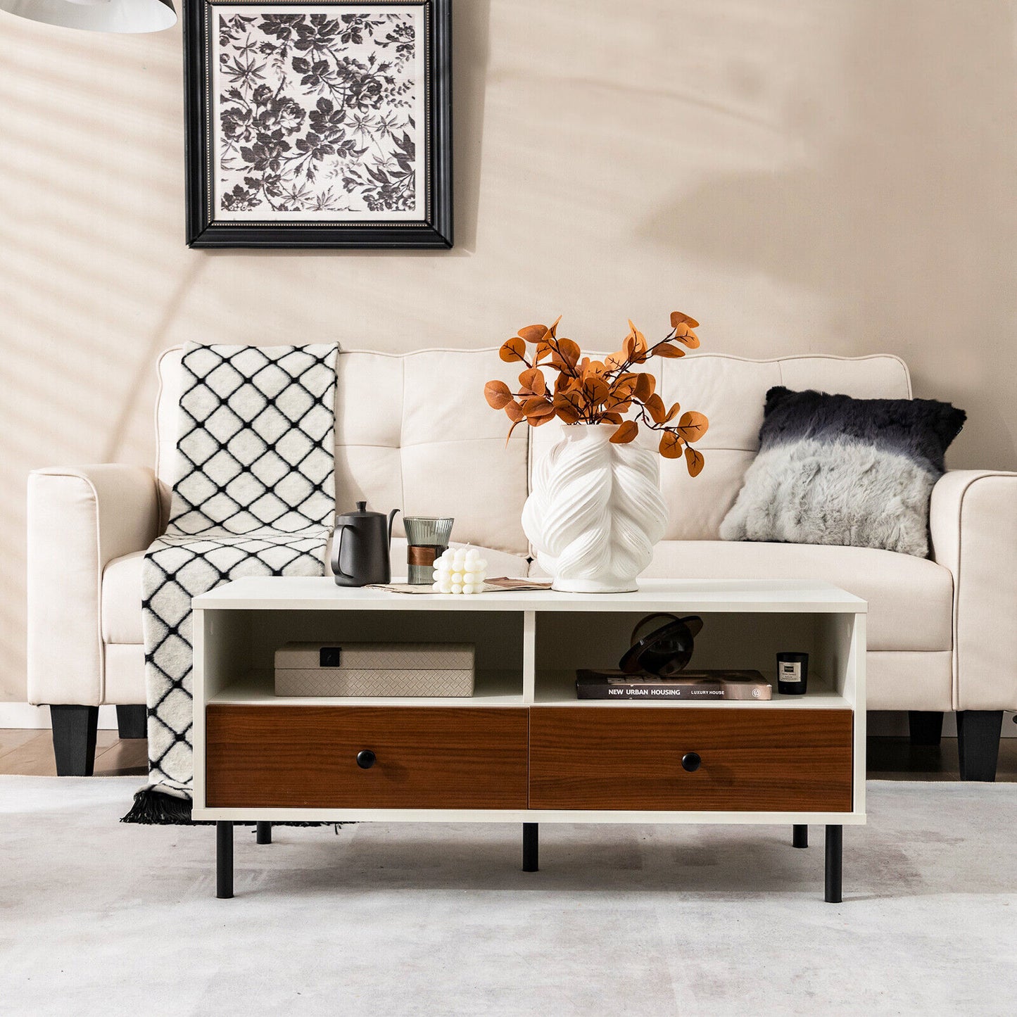 40 Inch Modern Coffee Table with Open Shelf and Enclosed Drawer Storage