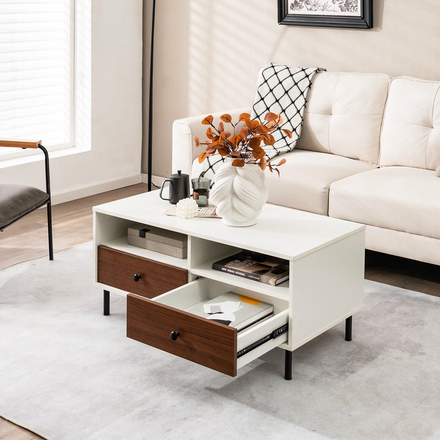 40 Inch Modern Coffee Table with Open Shelf and Enclosed Drawer Storage