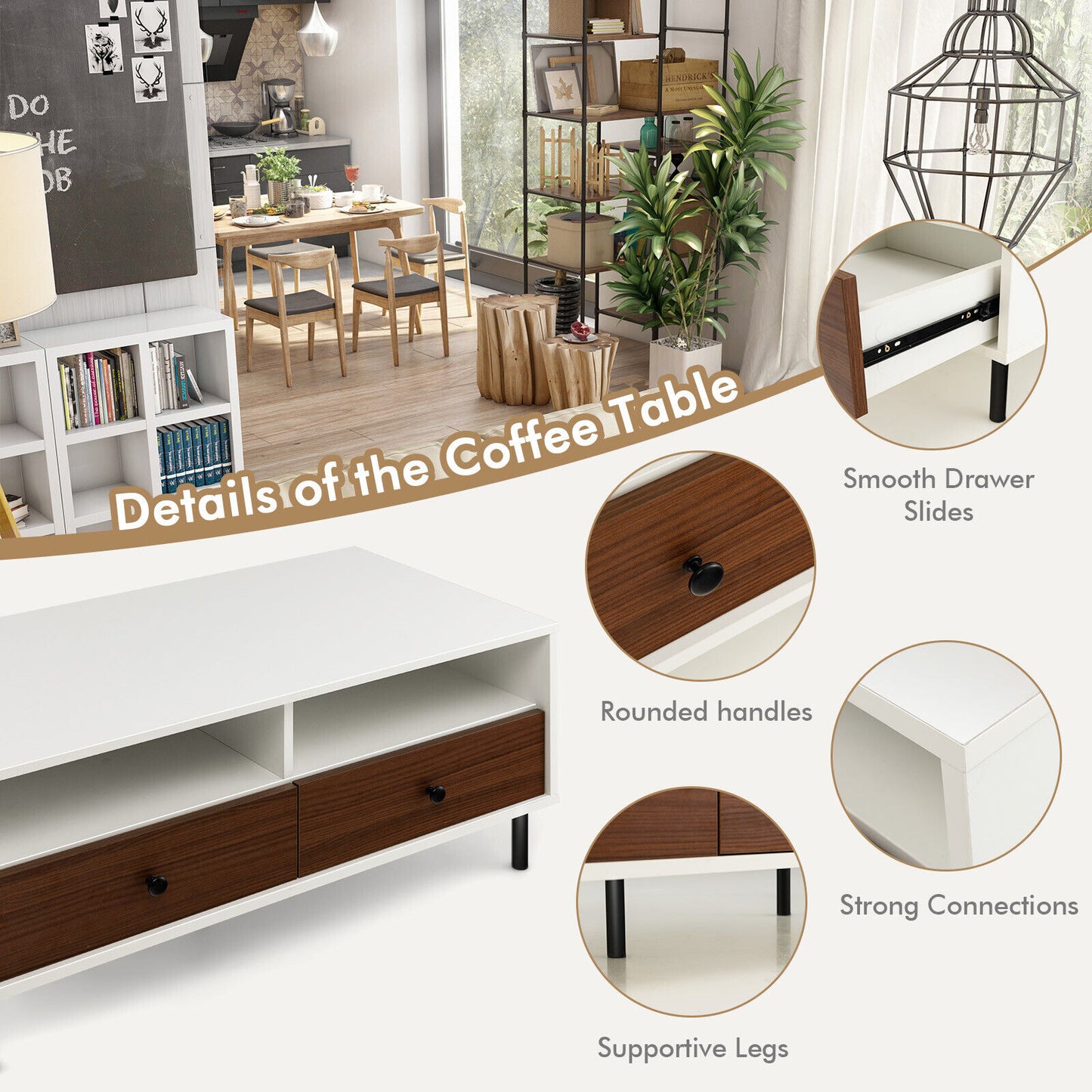 40 Inch Modern Coffee Table with Open Shelf and Enclosed Drawer Storage