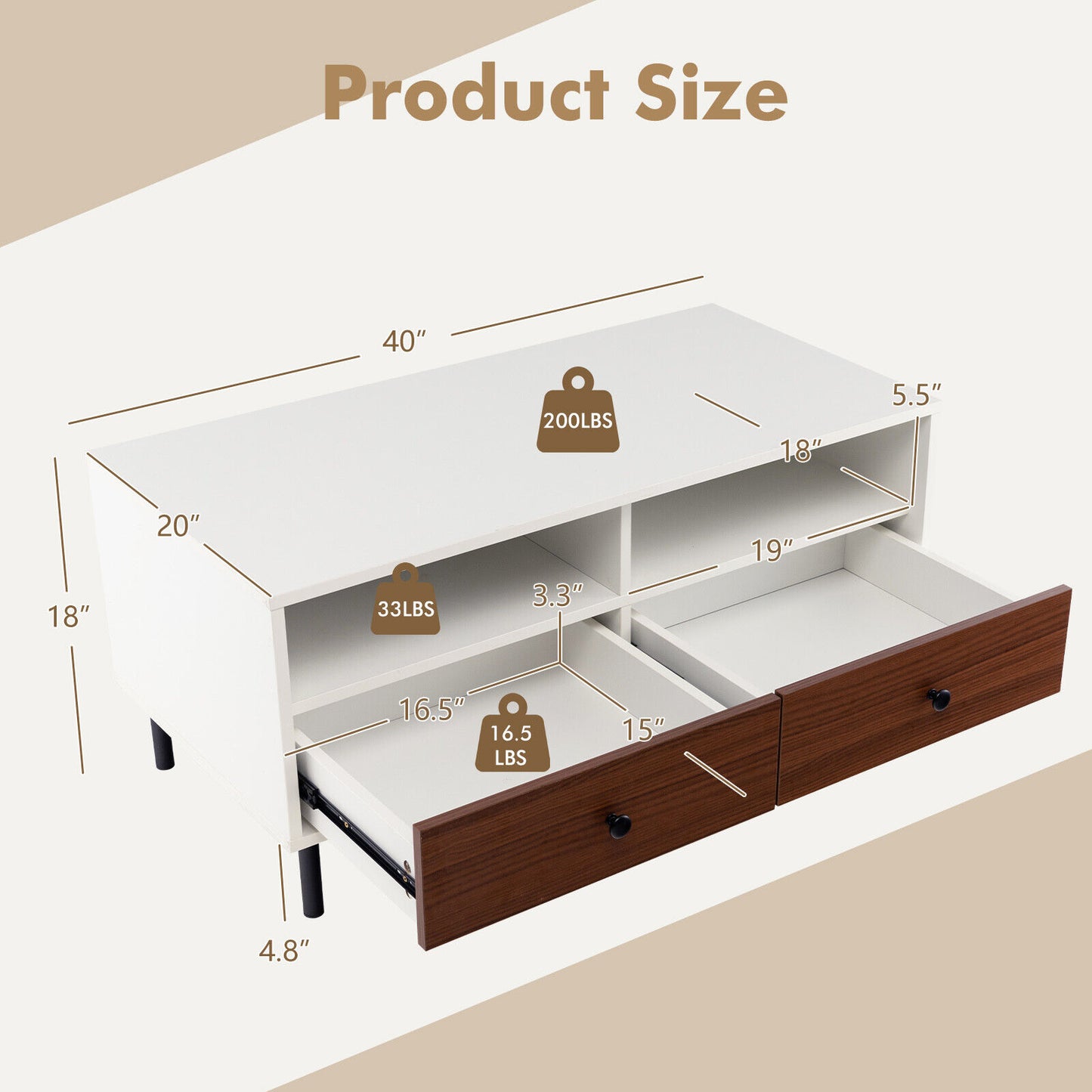 40 Inch Modern Coffee Table with Open Shelf and Enclosed Drawer Storage