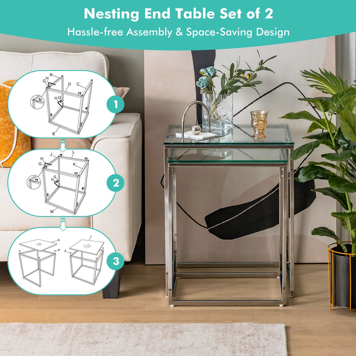 Set of 2 Modern Nesting Coffee Tables with Tempered Glass Tops and Steel Frames