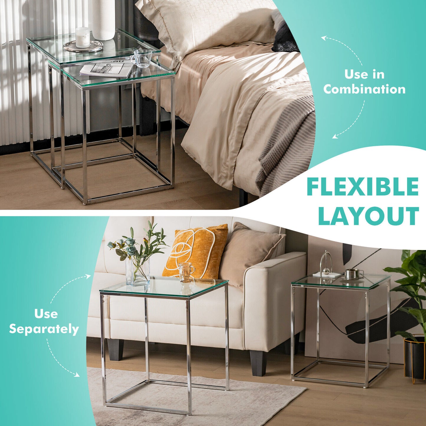 Set of 2 Modern Nesting Coffee Tables with Tempered Glass Tops and Steel Frames
