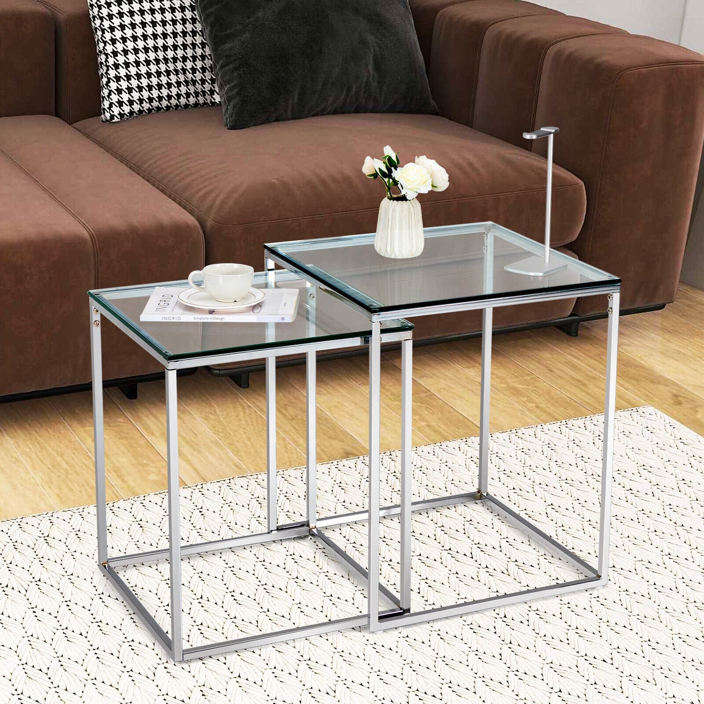 Set of 2 Modern Nesting Coffee Tables with Tempered Glass Tops and Steel Frames