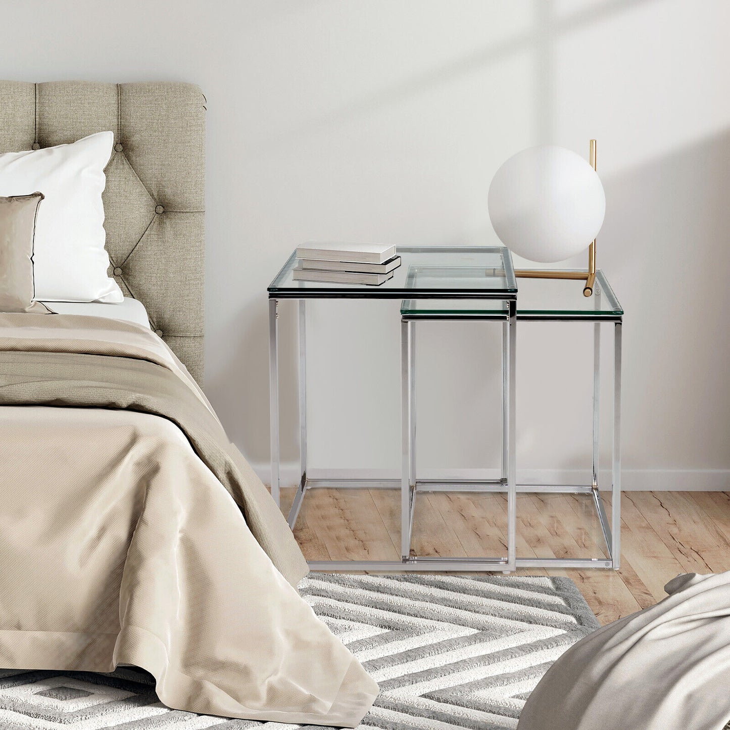 Set of 2 Modern Nesting Coffee Tables with Tempered Glass Tops and Steel Frames