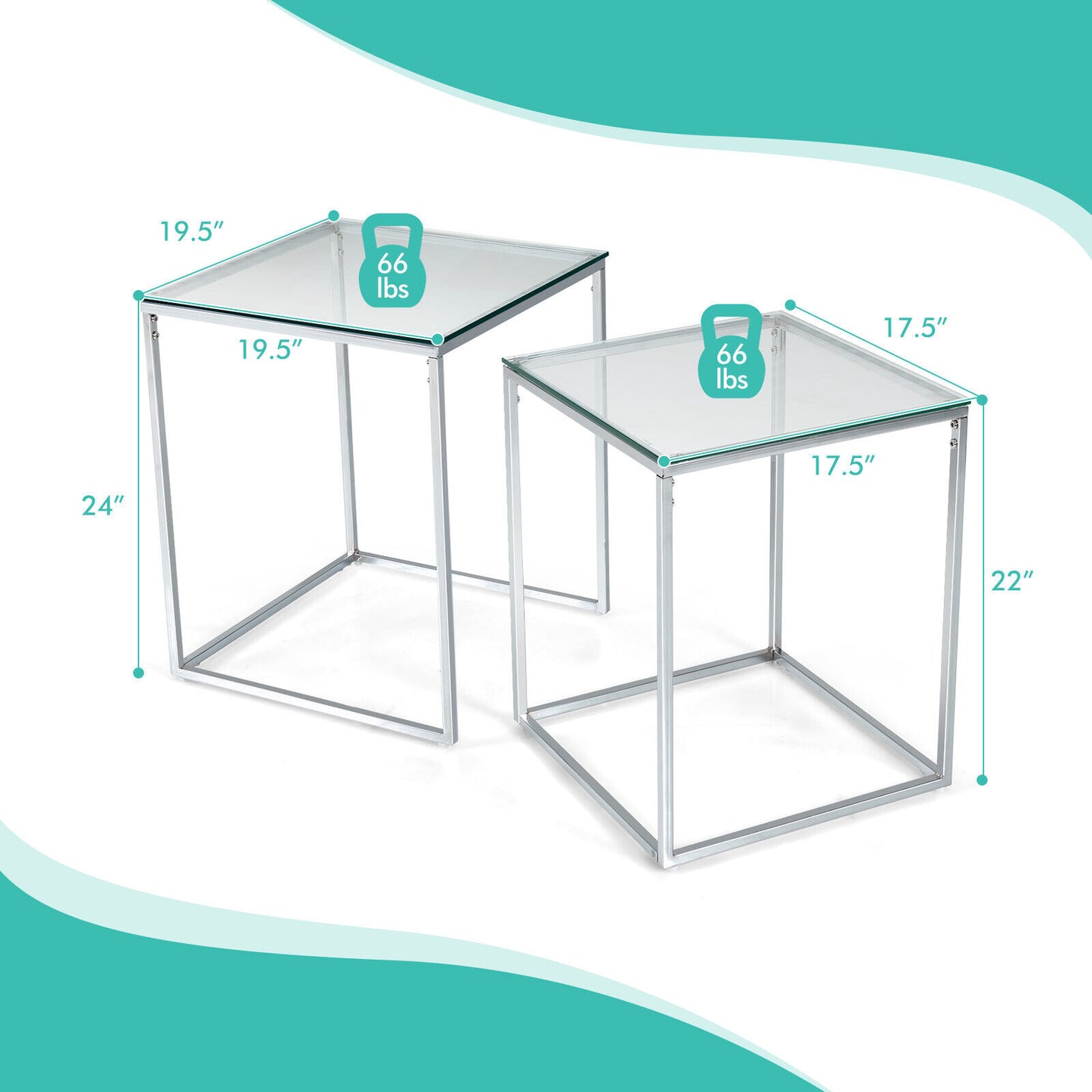 Set of 2 Modern Nesting Coffee Tables with Tempered Glass Tops and Steel Frames