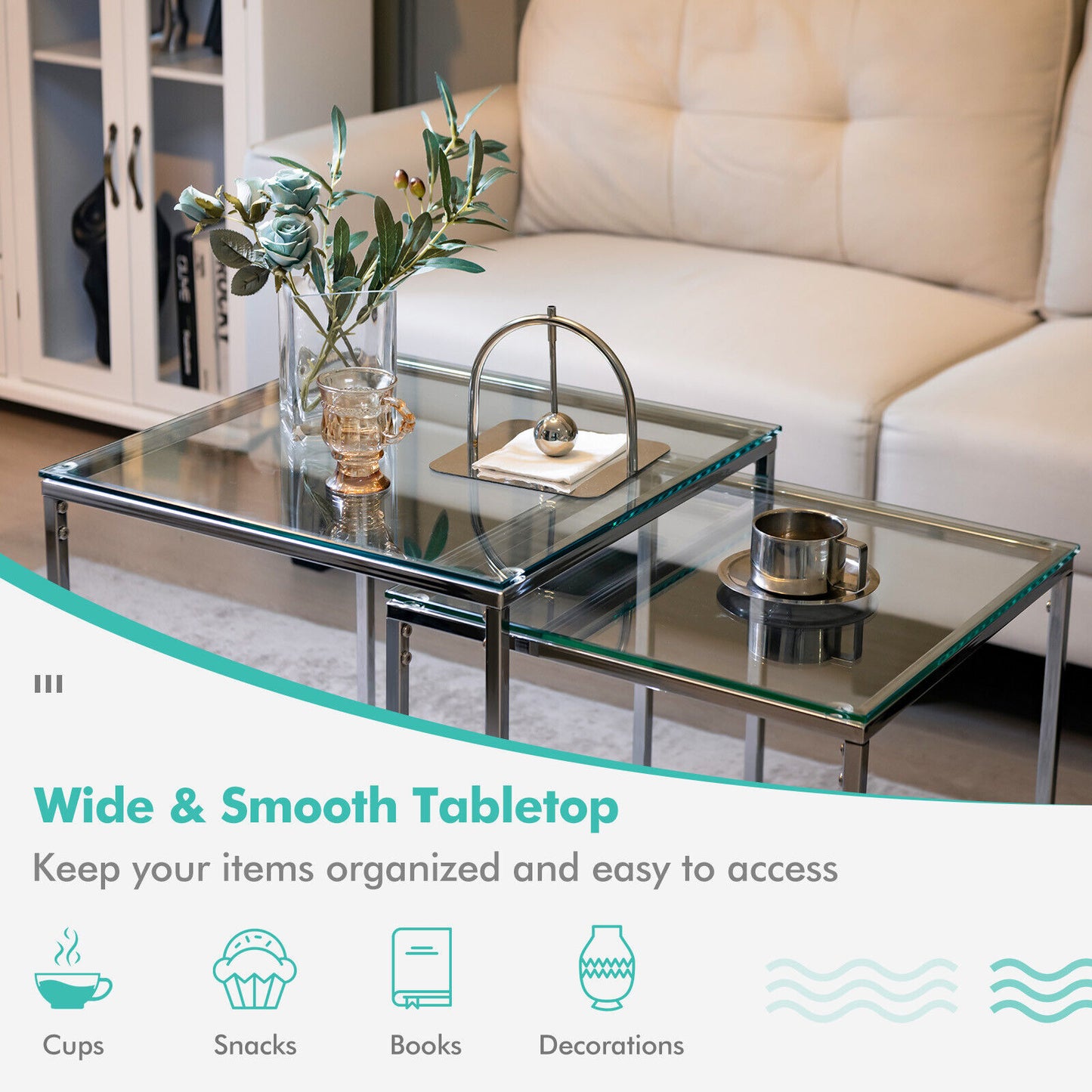 Set of 2 Modern Nesting Coffee Tables with Tempered Glass Tops and Steel Frames