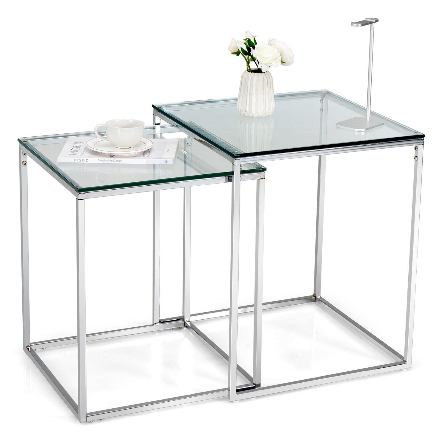 Set of 2 Modern Nesting Coffee Tables with Tempered Glass Tops and Steel Frames
