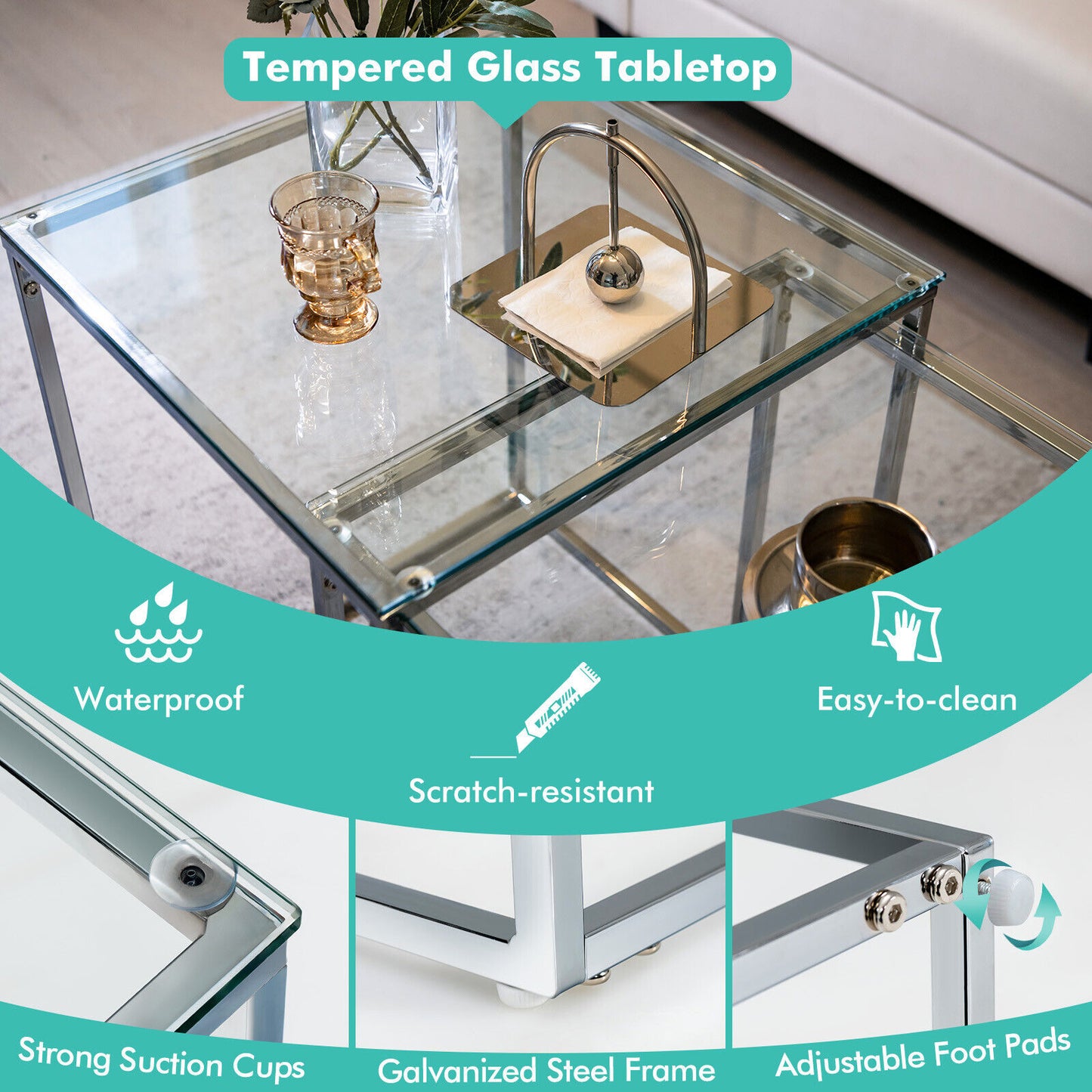 Set of 2 Modern Nesting Coffee Tables with Tempered Glass Tops and Steel Frames