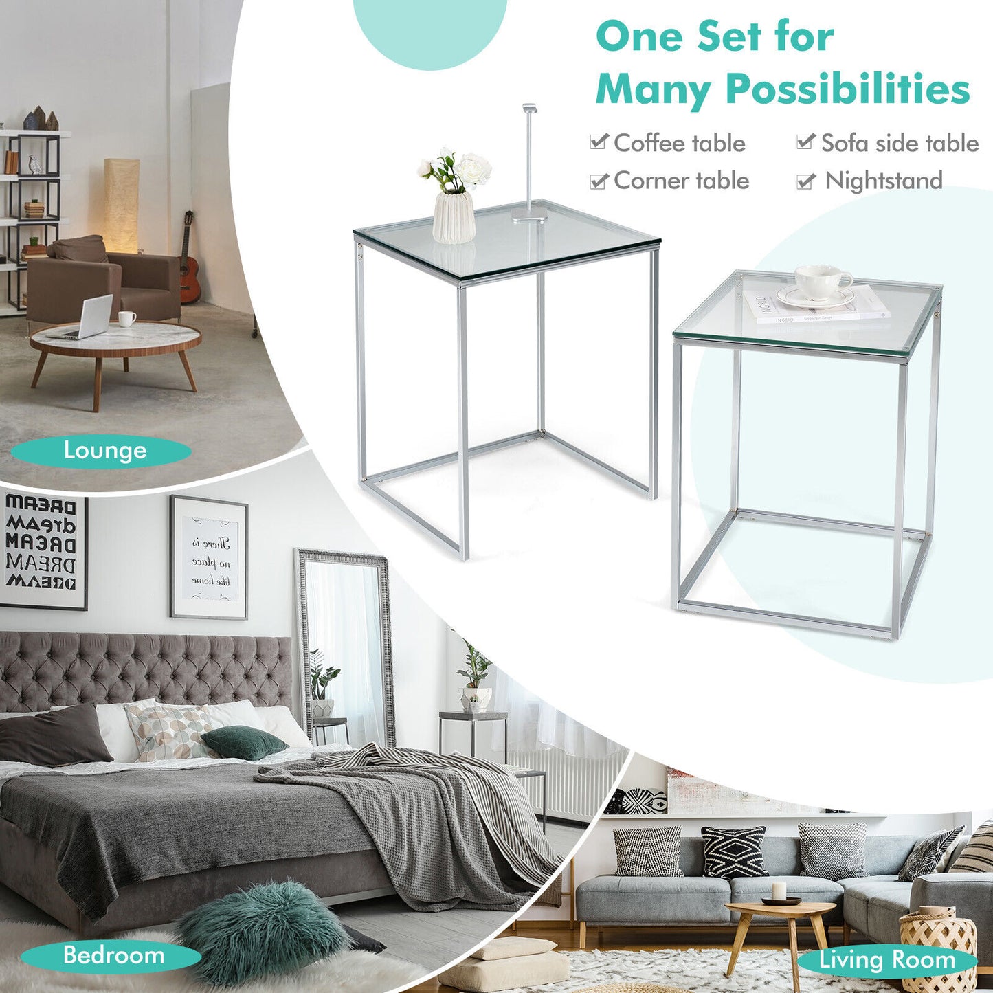 Set of 2 Modern Nesting Coffee Tables with Tempered Glass Tops and Steel Frames