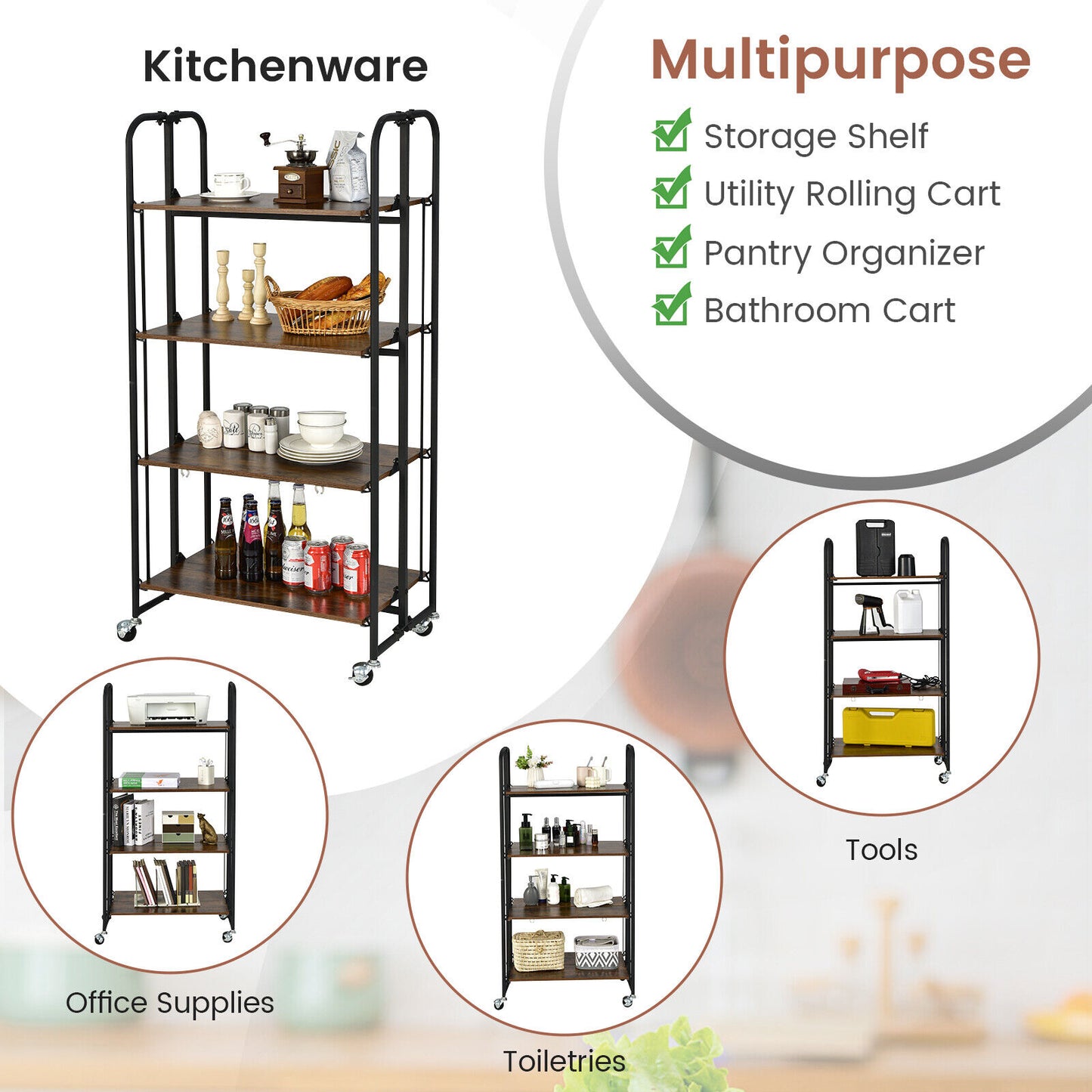 Rolling Folding Cart with Durable Metal Frame and Easy Mobility - 4 Tier