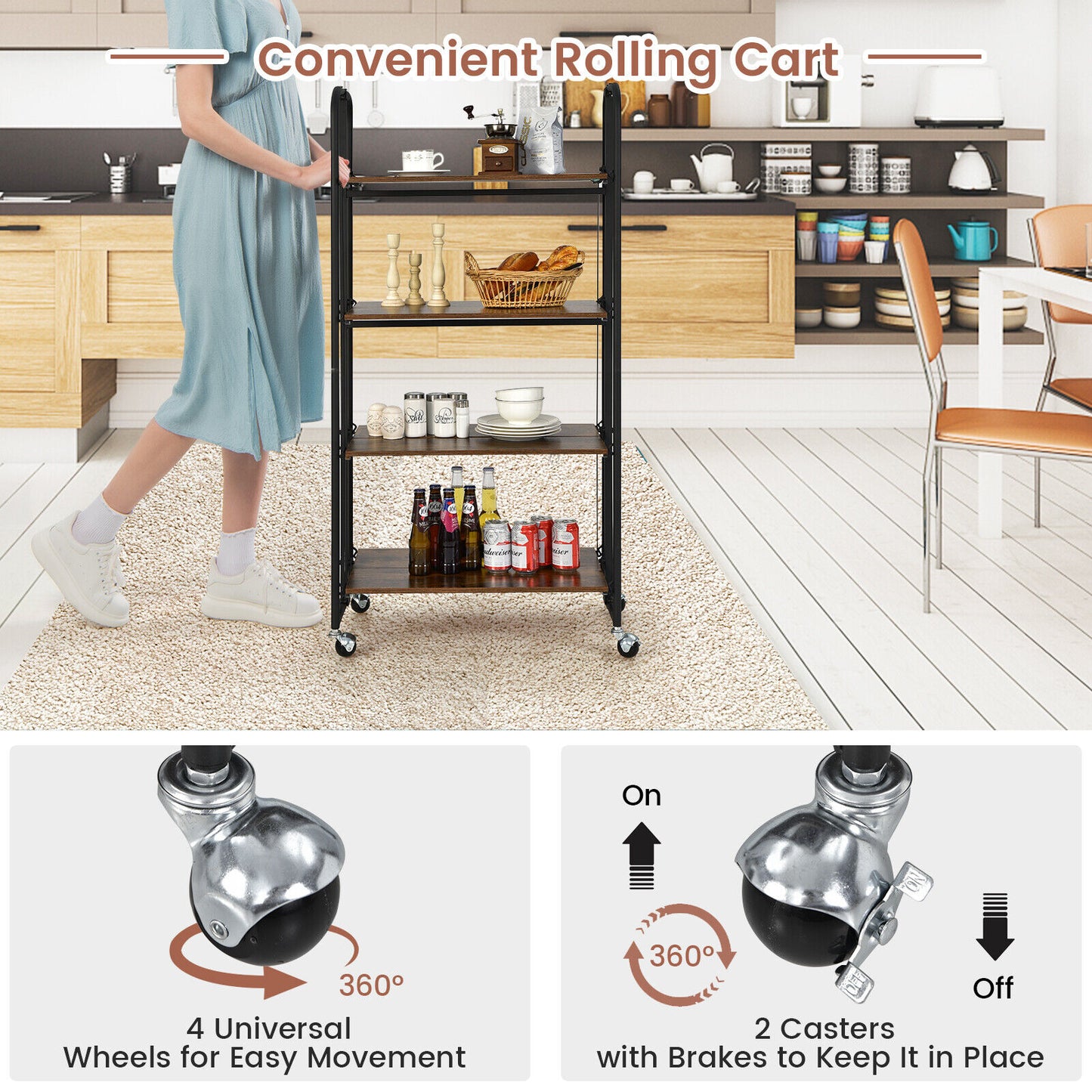 Rolling Folding Cart with Durable Metal Frame and Easy Mobility - 4 Tier