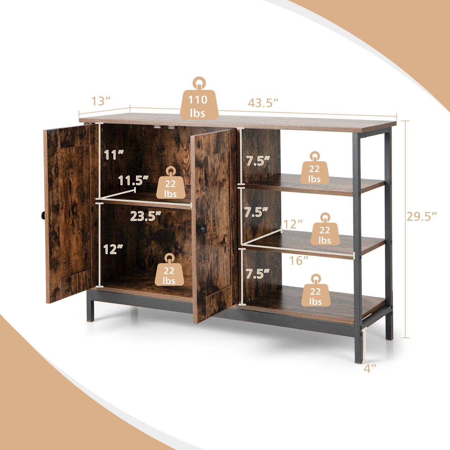 Rustic Industrial Buffet Sideboard with Storage Shelves for Kitchen and Dining Room