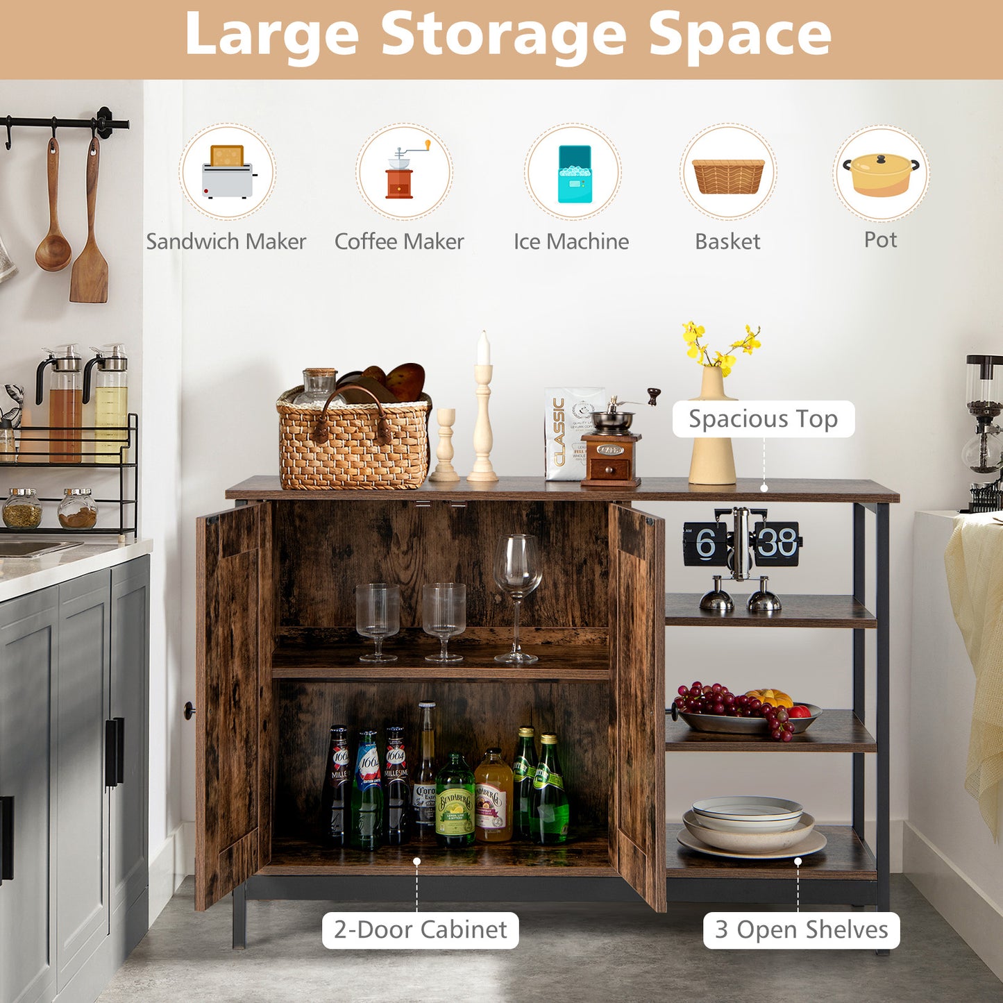 Rustic Industrial Buffet Sideboard with Storage Shelves for Kitchen and Dining Room