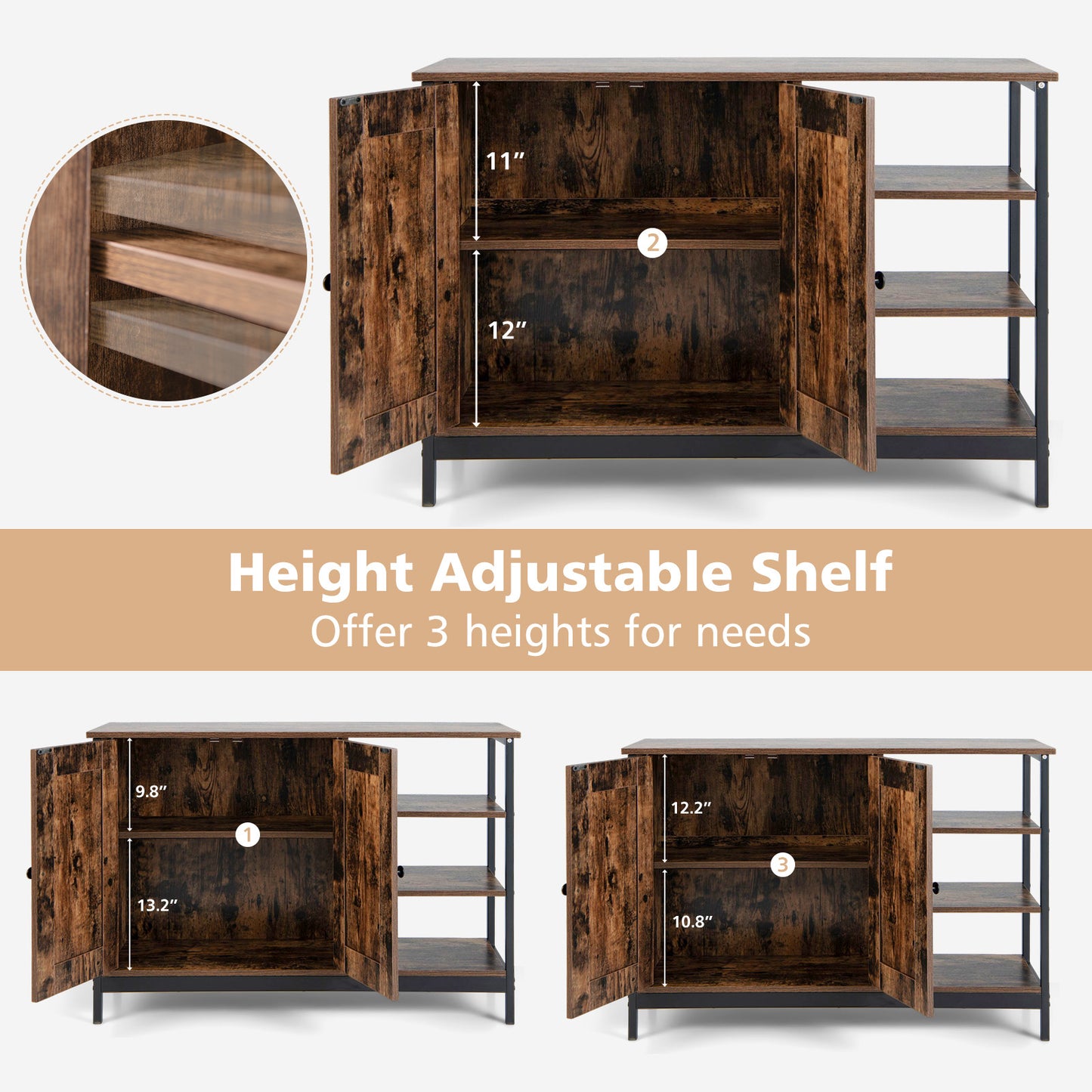 Rustic Industrial Buffet Sideboard with Storage Shelves for Kitchen and Dining Room