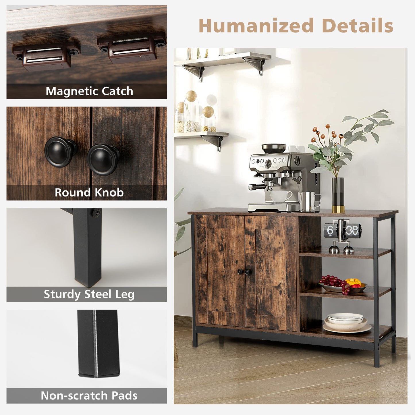 Rustic Industrial Buffet Sideboard with Storage Shelves for Kitchen and Dining Room