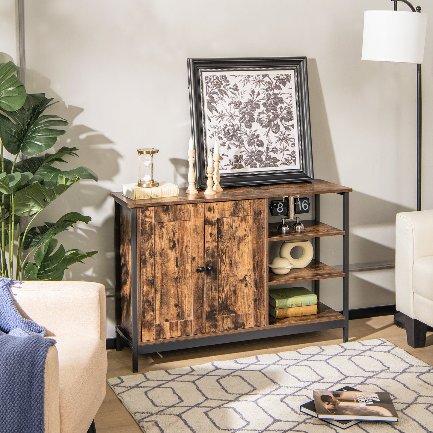 Rustic Industrial Buffet Sideboard with Storage Shelves for Kitchen and Dining Room