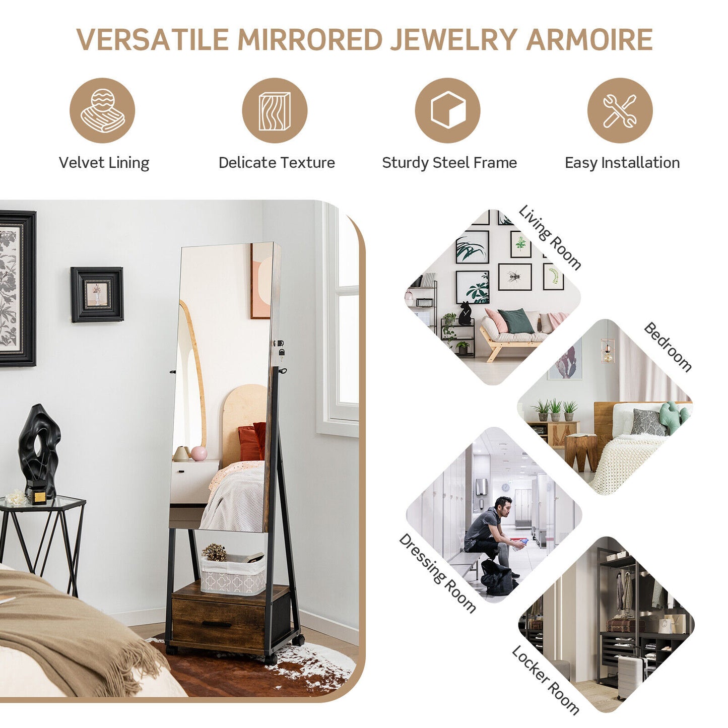 Freestanding Jewelry Armoire with Full-Length Mirror and Lockable Storage – Brown