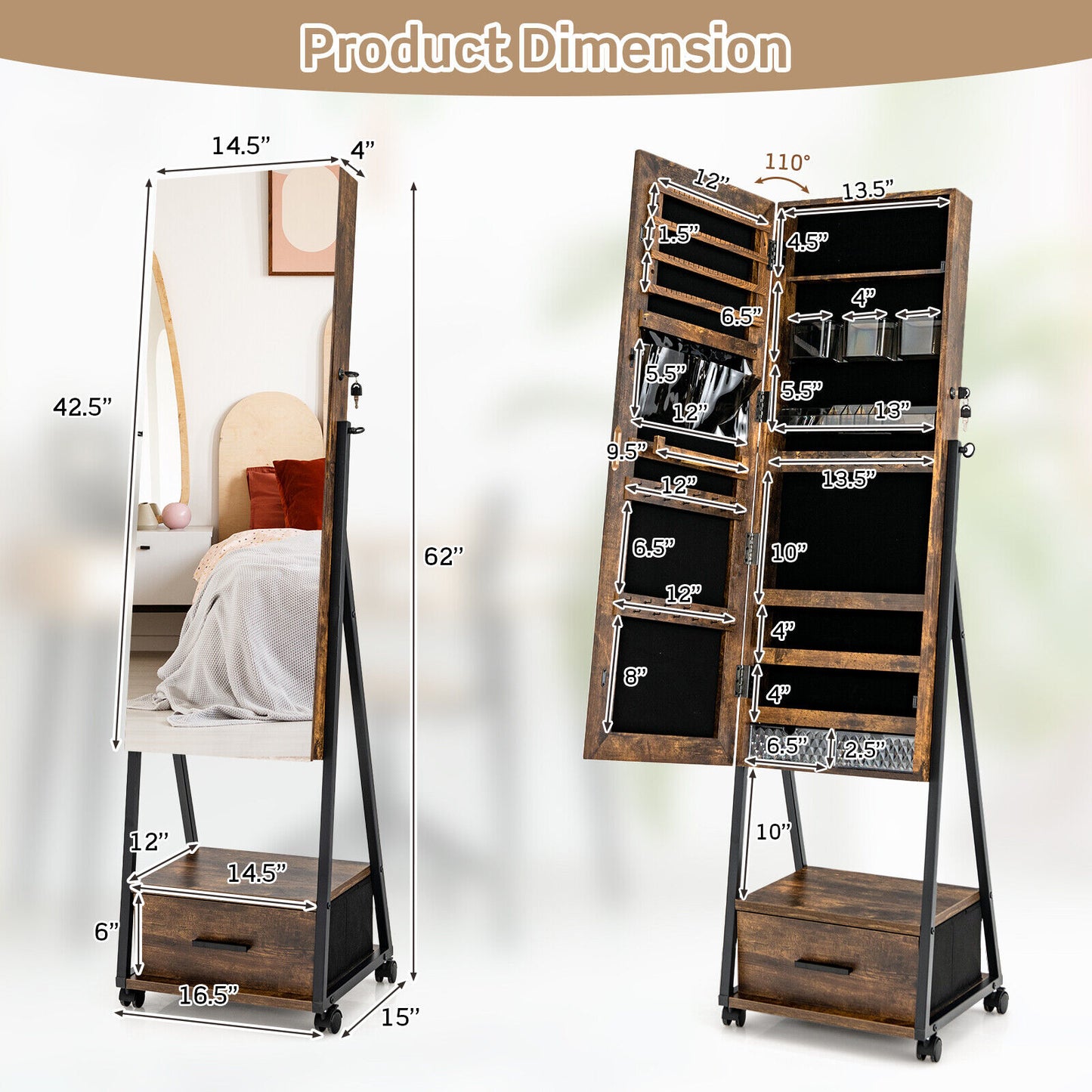 Freestanding Jewelry Armoire with Full-Length Mirror and Lockable Storage – Brown