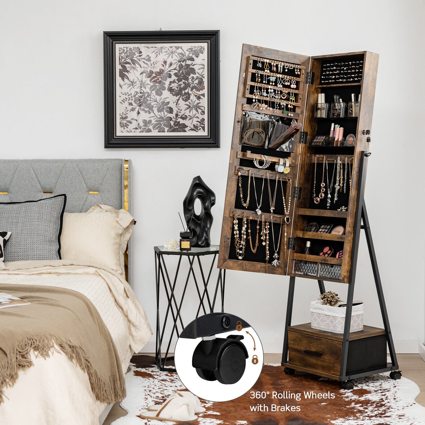 Freestanding Jewelry Armoire with Full-Length Mirror and Lockable Storage – Brown