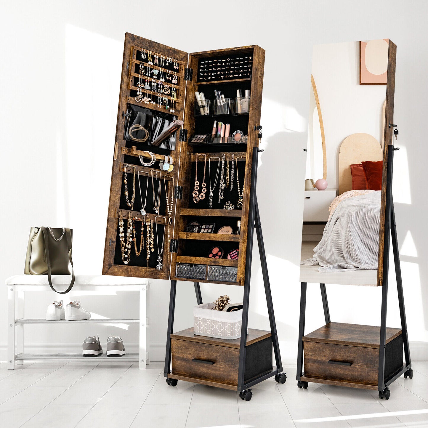 Freestanding Jewelry Armoire with Full-Length Mirror and Lockable Storage – Brown