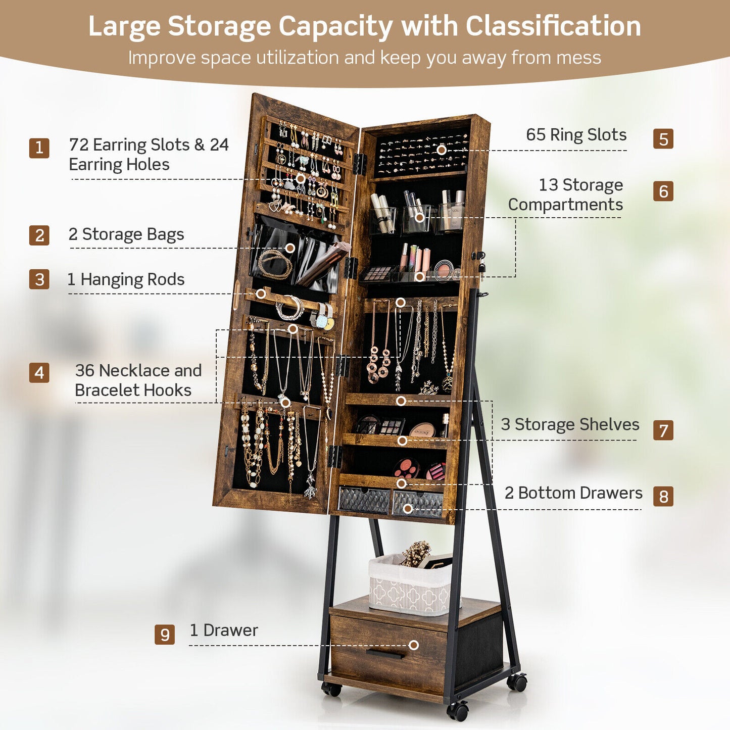 Freestanding Jewelry Armoire with Full-Length Mirror and Lockable Storage – Brown