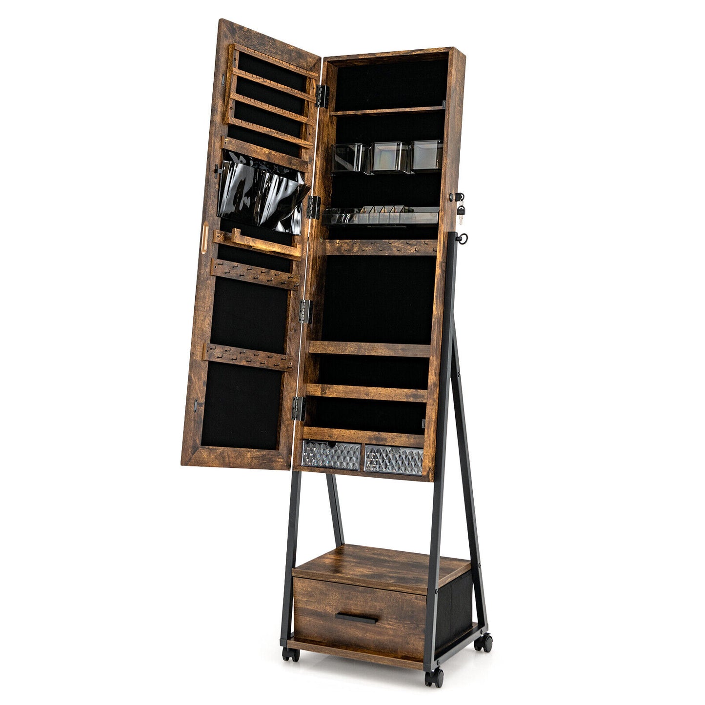 Freestanding Jewelry Armoire with Full-Length Mirror and Lockable Storage – Brown