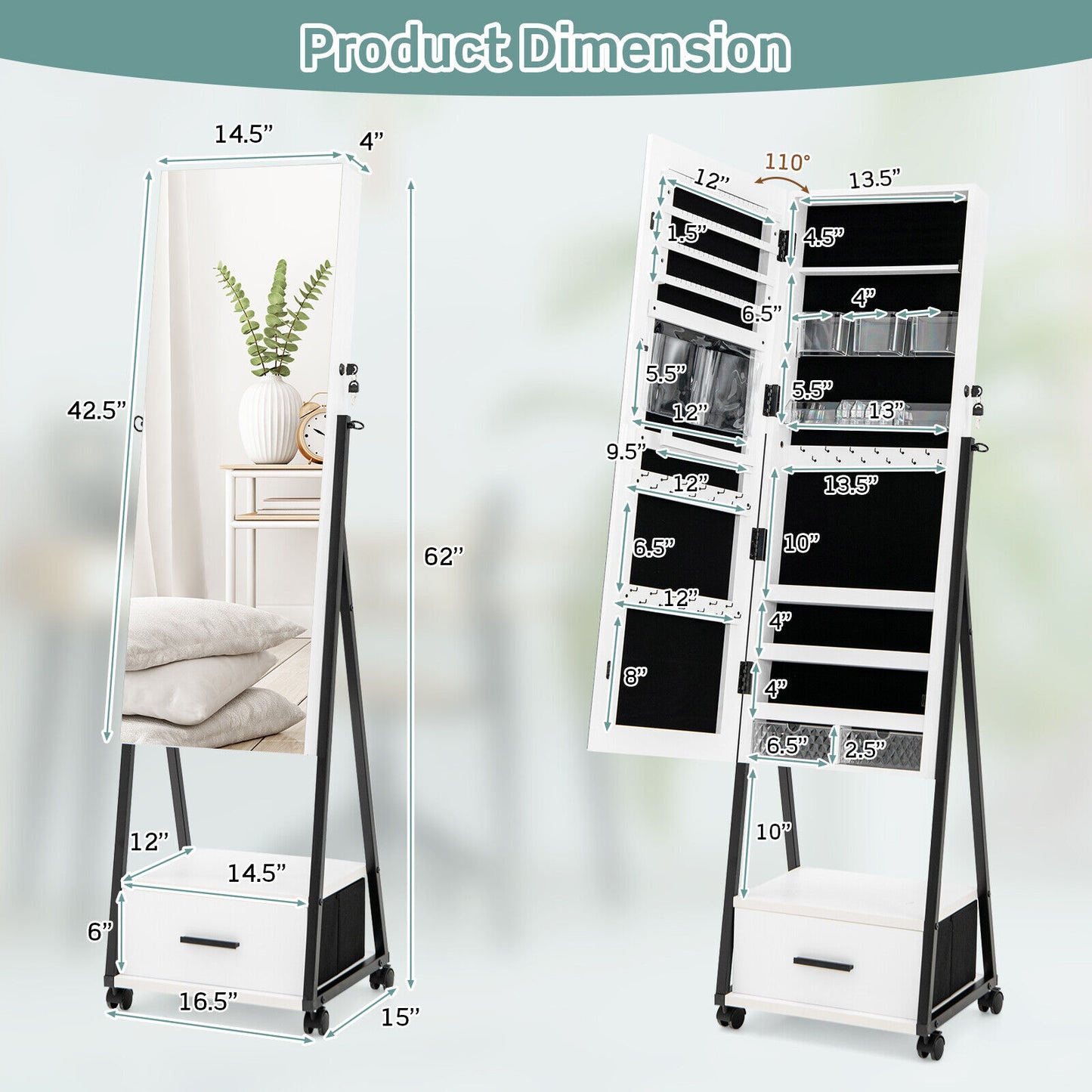 Freestanding Jewelry Armoire with Full-Length Mirror and Lockable Storage – White
