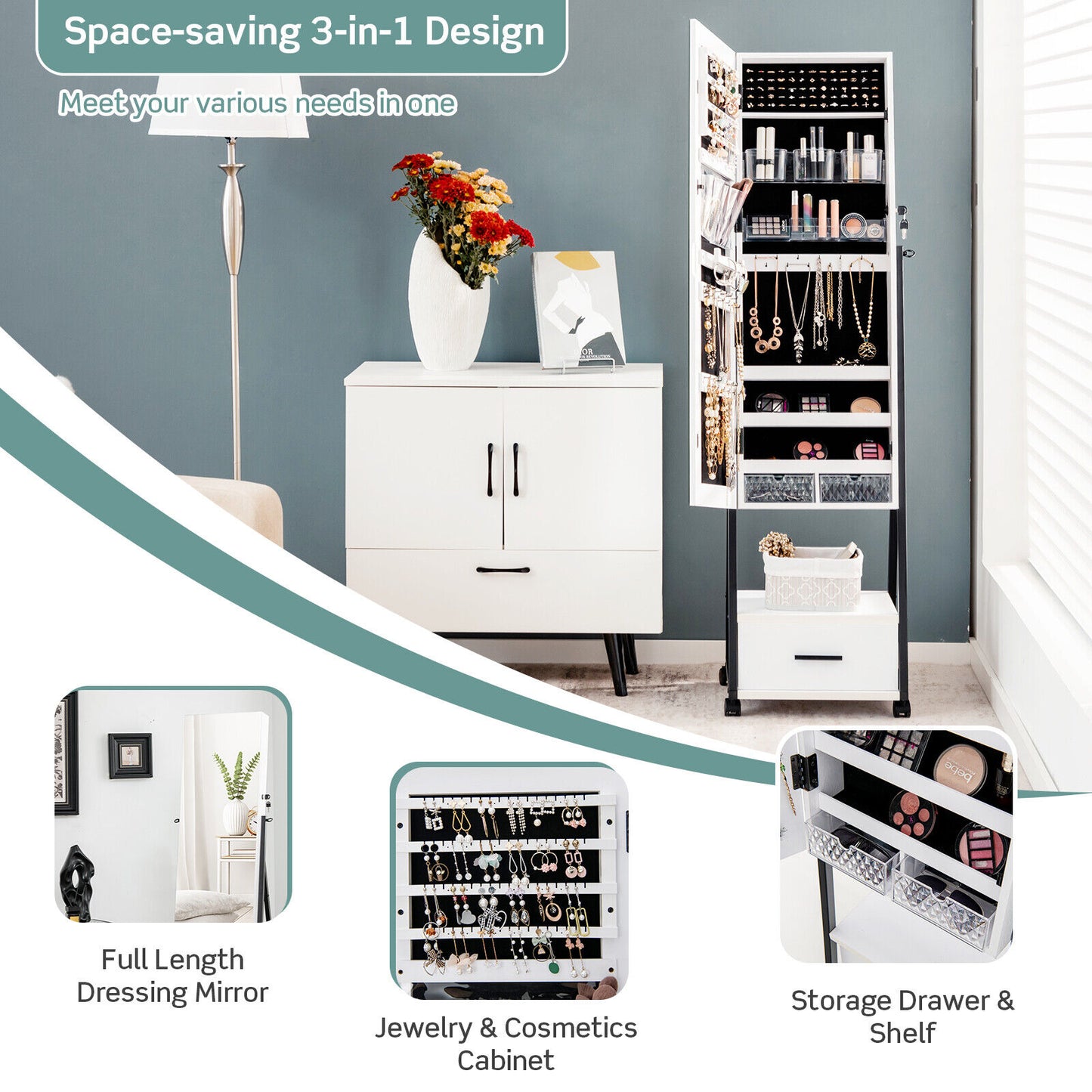 Freestanding Jewelry Armoire with Full-Length Mirror and Lockable Storage – White